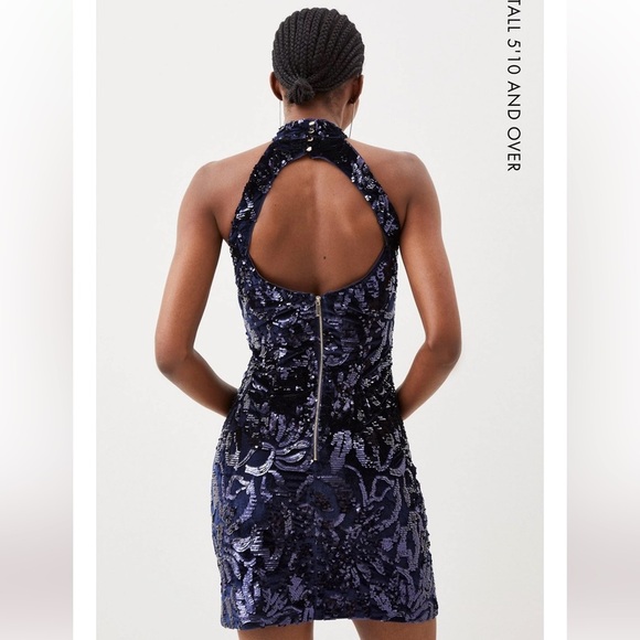Karen Millen Tall Velvet Sequined Halter Woven Mini Dress - Picture 3 of 6